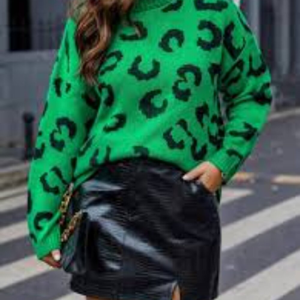 SHEIN Green Leopard Print Turtleneck Sweater – Size 4X – Cozy & Trendy